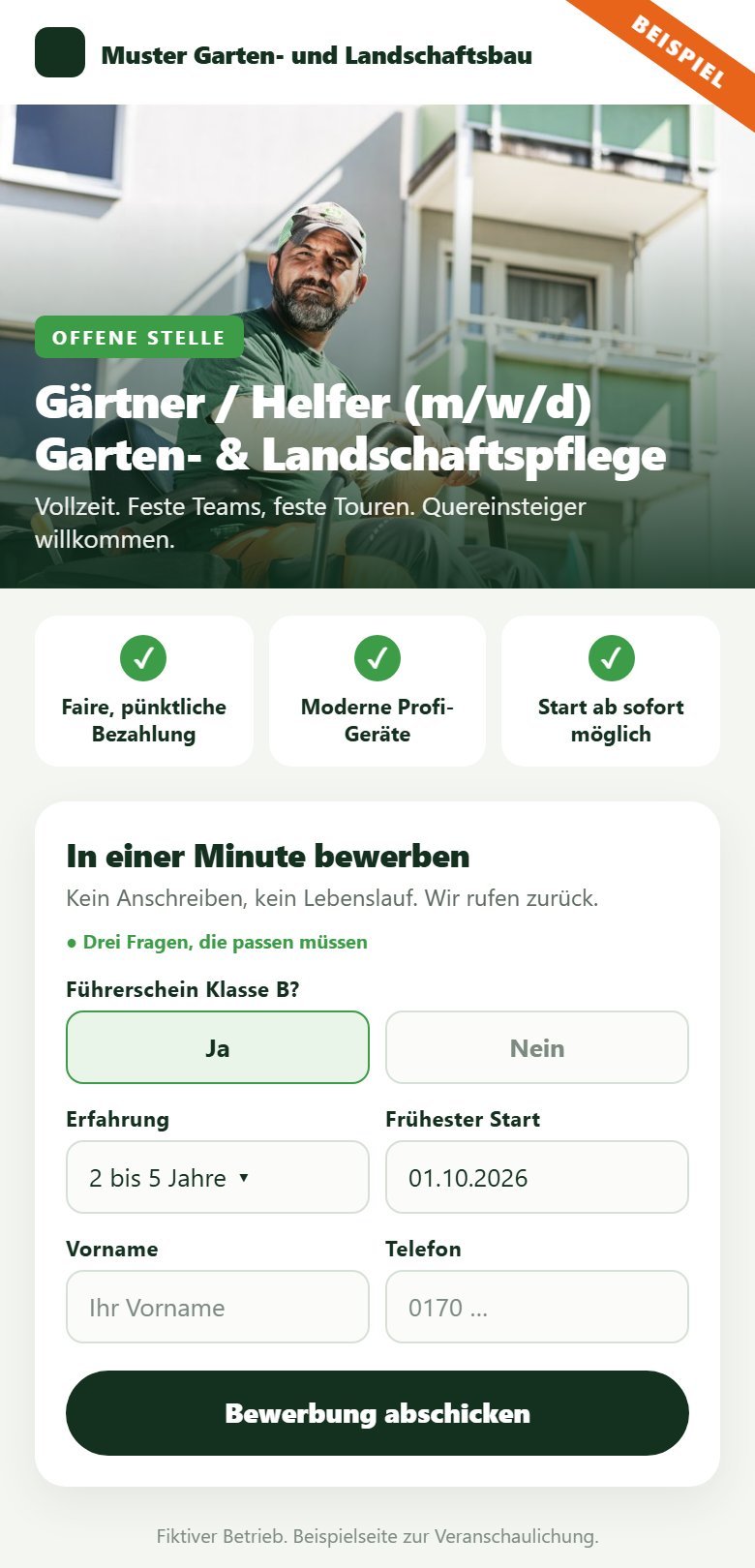 Beispielseite auf dem Handy: Überschrift, drei Vorteile, Formular mit drei Pflichtfragen
